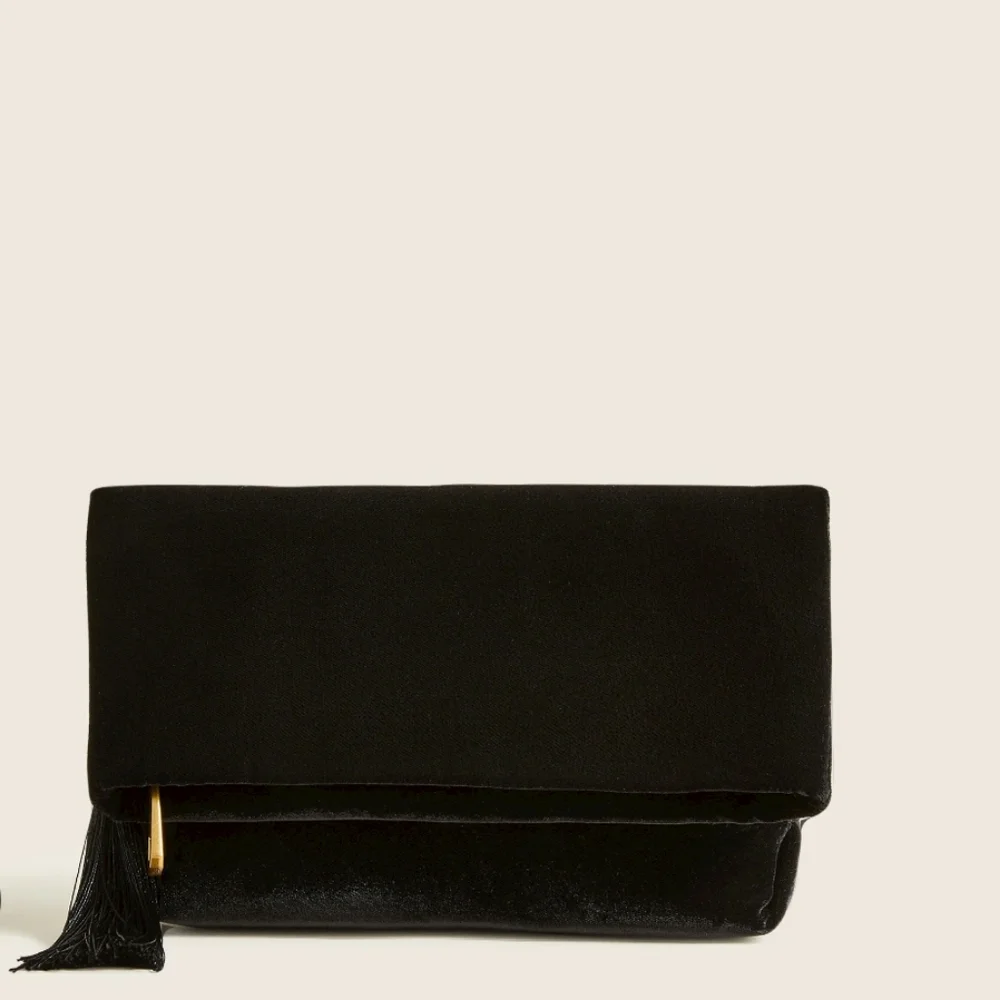 J. Crew Black Velvet Clutch with Tassel